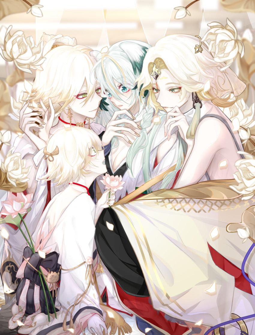 1boy, 1girl, bare_back, bare_pectorals, bare_shoulders, bishounen, blonde_hair, blue_eyes, breasts, child, cleavage, curtains, earrings, eyeliner, eyeshadow, face-to-face, falling_petals, flower, green_eyes, highres, holding, holding_flower, japanese_clothes, jewelry, kinnara_(onmyoji), light_smile, long_hair, lotus, lotus_earrings, lotus_hair_ornament, makeup, male_focus, male_harem, multiple_views, nail_polish, onmyoji, parted_bangs, pectorals, petals, pink_fur, red_eyeshadow, semi-transparent, short_hair, sidelocks, silk, sitting, string_choker, taishakuten_(onmyoji), tober, very_long_hair, white_lotus, yellow_nails