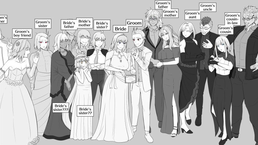 6+boys, 6+girls, ahoge, aslaug_(fate), astolfo_(fate), brynhild_(fate), cousins, dress, family, fate/apocrypha, fate/grand_order, fate:lost_einherjar, fate_(series), formal_clothes, glasses, gordes_musik_yggdmillennia, highres, husband_and_wife, jeanne_d'arc_(fate), jeanne_d'arc_alter_(fate), jeanne_d'arc_alter_santa_lily_(fate), kriemhild_(fate), lakshmibai_(fate), marriage_certificate_(object), monochrome, multiple_boys, multiple_girls, ragnar_lodbrok_(fate), rienia, siblings, sieg_(fate), siegfried_(fate), sigurd_(fate), sisters, toole_(fate), trait_connection, trap, tuxedo, wedding, wedding_dress