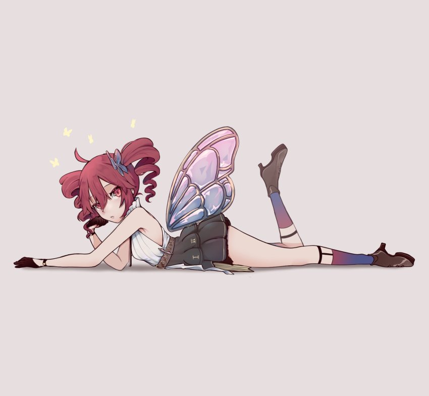 1girl, arm_support, black_footwear, black_gloves, black_skirt, brown_background, butterfly_hair_ornament, butterfly_wings