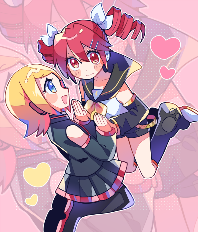 2girls, bare_shoulders, belt, black_shirt, black_skirt, black_sleeves, blonde_hair, blue_eyes, blush, bow, commentary, cosplay, costume_switch, detached_sleeves, drill_hair, hair_bow, hair_ornament, hairclip, headphones, heart, holding_hands, kagamine_rin, kasane_teto, kasane_teto_(utau), kneeling, leg_warmers, looking_at_another, looking_at_viewer, miniskirt, multiple_girls, musical_note, musical_note_print, neckerchief, palms_together, pink_background, pleated_skirt, red_eyes, red_hair, shirt, short_shorts, shorts, skirt, sleeveless, sleeveless_shirt, treble_clef, twin_drills, utau, vocaloid, wavy_mouth, white_bow, white_shirt, yellow_neckerchief, yuusuke-kun, zoom_layer