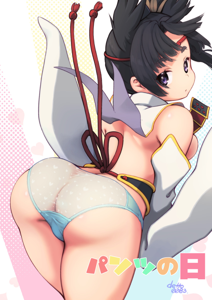 1girl, ass, black_hair, blue_eyes, blue_panties, breasts, butt_crack, detached_sleeves, fate/grand_order, fate_(series), faxbunny, hair_ornament, hat, heart, heart_print, highres, long_hair, looking_at_viewer, panties, see-through_clothes, sideboob, sidelocks, solo, underwear, ushiwakamaru_(fate), very_long_hair, wide_sleeves