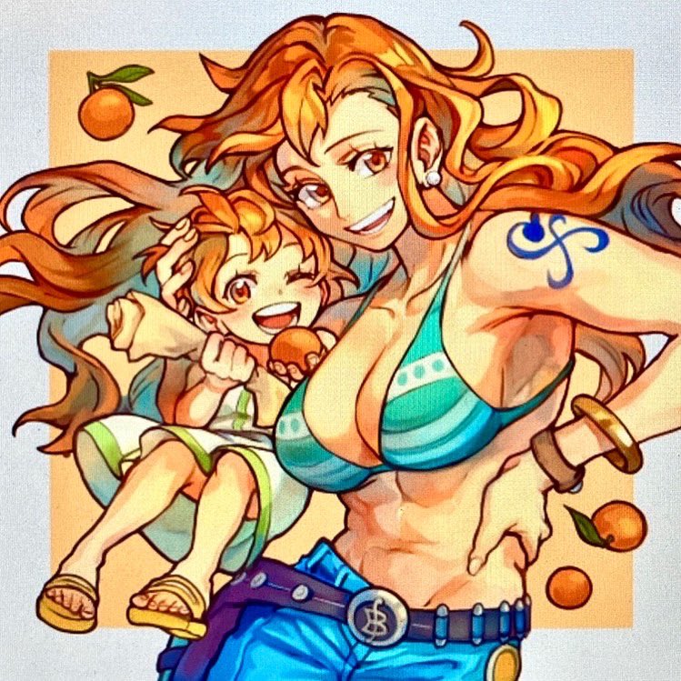 2girls, abs, age_comparison, aged_down, aokamei, bangle, bikini, bra, bracelet, breasts, child, cleavage, denim, dress, food, fruit, green_bikini, green_bra, green_hair, green_trim, hand_on_own_hip, heads_together, jeans, jewelry, log_pose, long_hair, looking_at_viewer, mandarin_orange, medium_breasts, multiple_girls, nami_(one_piece), nami_(one_piece)_(return_to_sabaody), navel, one_piece, orange_hair, pants, short_hair, shoulder_tattoo, smile, striped_bikini, striped_clothes, swimsuit, tattoo, time_paradox, toned, underwear, white_dress