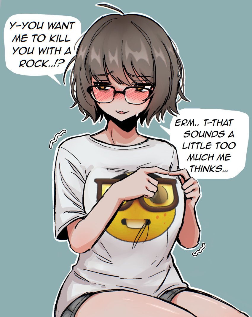 1girl, ahoge, aki_(snale), blush, brown_eyes, brown_hair, commentary, denim