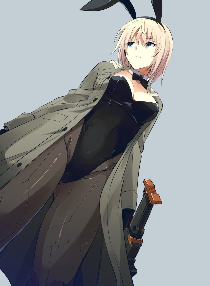 1girl, absurdres, android, animal_ears, black_bow, black_bowtie, black_footwear, black_gloves