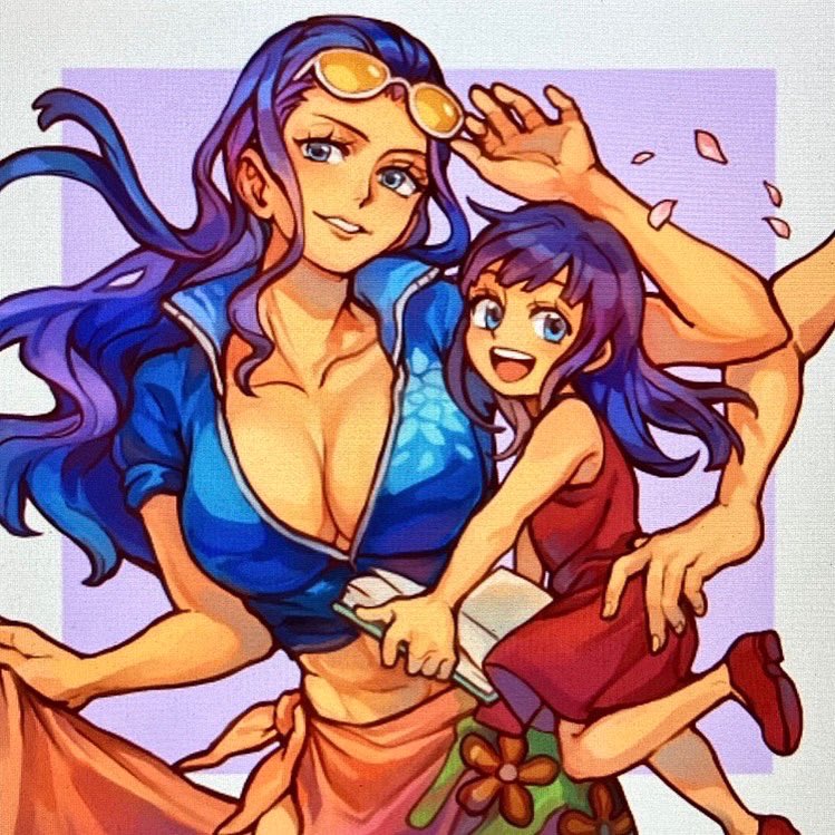 2girls, abs, age_comparison, aged_down, aokamei, blue_hair, breasts, child, cleavage, collarbone, cropped_jacket, dark_blue_hair, dress, extra_arms, eyewear_on_head, feet_out_of_frame, grey_eyes, hana_hana_no_mi, jacket, long_hair, looking_at_viewer, medium_breasts, midriff, multiple_girls, navel, nico_robin, nico_robin_(return_to_sabaody), official_alternate_costume, one_piece, red_dress, sarong, short-sleeved_jacket, short_hair, short_sleeves, smile, sunglasses, time_paradox