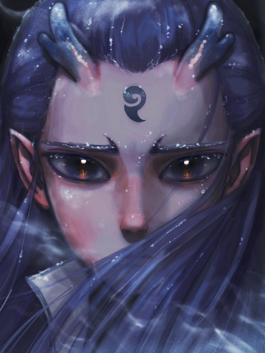 1boy, absurdres, antlers, ao_bing, blue_eyes, blue_hair, blue_theme, caustics