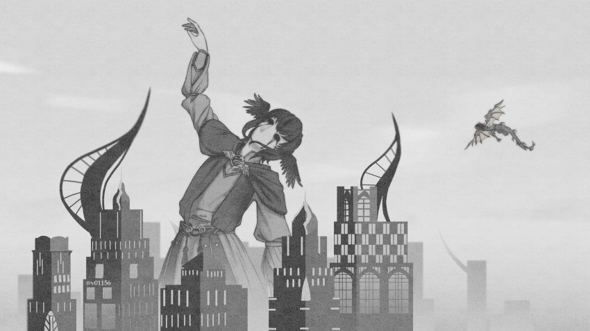 1girl, absurdres, amaurot, arm_up, belt, black_hair, black_tears, brooch, building, capelet, city, collared_dress, commentary, cowboy_shot, crossover, drag-on_dragoon, drag-on_dragoon_1, dragon, dress, english_commentary, feathered_wings, film_grain, final_fantasy, final_fantasy_xiv, giant, giantess, grey_background, greyscale, head_wings, highres, hollow_eyes, horror_(theme), jewelry, long_sleeves, meteion, monochrome, no_mouth, outdoors, outstretched_arm, parody, sash, scene_reference, shinryu_(final_fantasy), short_hair, solo, standing, tassel, tears, twitter_username, v01156, wings