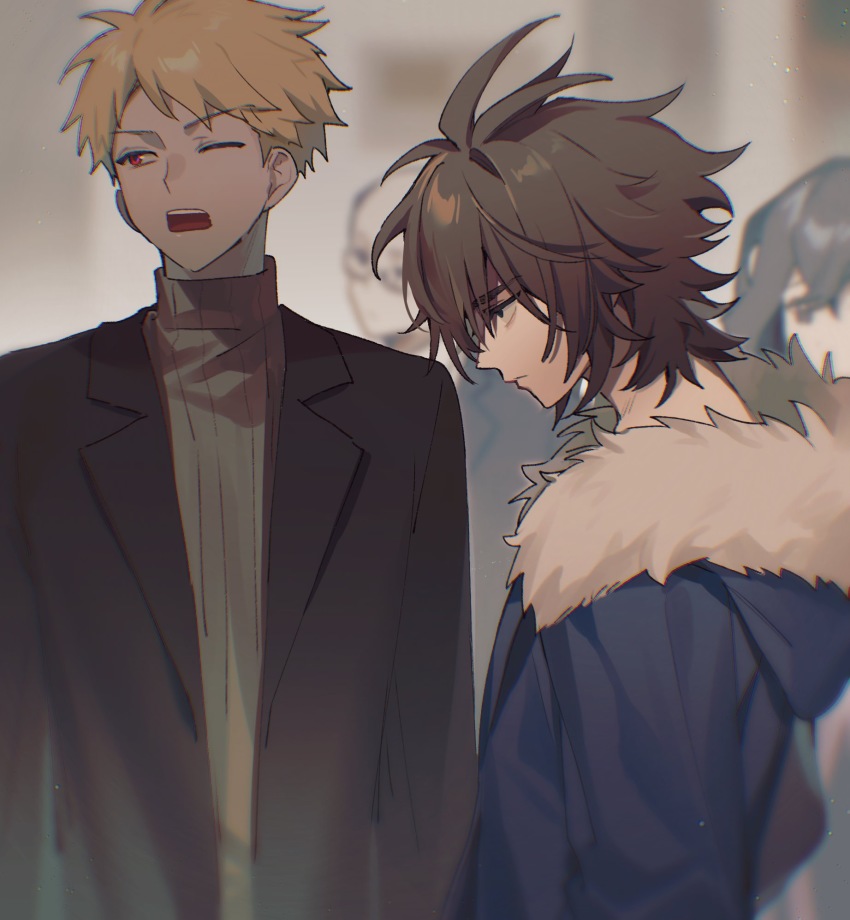 1girl, 3boys, antenna_hair, atou_haruki, balding, black_hair, black_jacket, blonde_hair, blue_jacket, blurry, blurry_background, brown_hair, brown_sweater, chinese_commentary, closed_mouth, commentary_request, fur-trimmed_jacket, fur_trim, glasses, highres, hood, hood_down, hooded_jacket, isoi_reiji, jacket, kurachi_terumi, long_sleeves, multiple_boys, naku_(naku999ziye), one_eye_closed, open_clothes, open_jacket, open_mouth, red_eyes, ribbed_sweater, saibou_shinkyoku, short_hair, sweater, turtleneck, turtleneck_sweater, upper_body, yanagi_nina