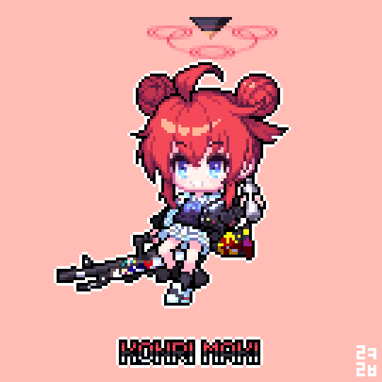 1girl, ahoge, black_socks, blue_archive, blue_eyes, double_bun, grin, gun, hair_bun, halo, holding, holding_weapon, iloccorb9, jacket, machine_gun, maki_(blue_archive), pink_background, pixel_art, red_hair, shoes, simple_background, skirt, smile, sneakers, socks, weapon