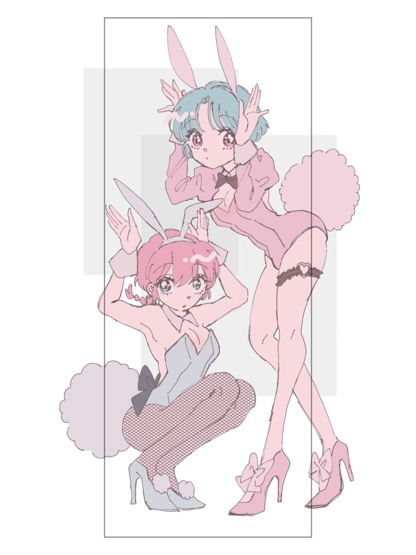 2girls, animal_ears, black_bow, blue_eyes, blue_footwear, blue_hair, bow, bowtie, breasts, cocoa_681, detached_collar, full_body, high_heels, highres, legs, multiple_girls, necktie, playboy_bunny, rabbit_ears, rabbit_pose, rabbit_tail, ranma-chan, ranma_1/2, red_eyes, red_footwear, red_hair, short_hair, tail, tendou_akane