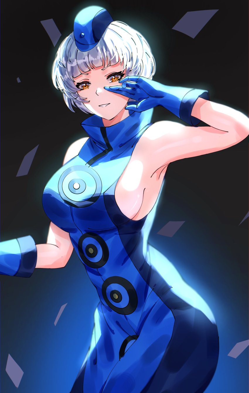 armpits, breasts, dress, elizabeth_(persona), gloves, highres, persona, persona_3, short_hair, sideboob, sinkoart, white_hair, yellow_eyes
