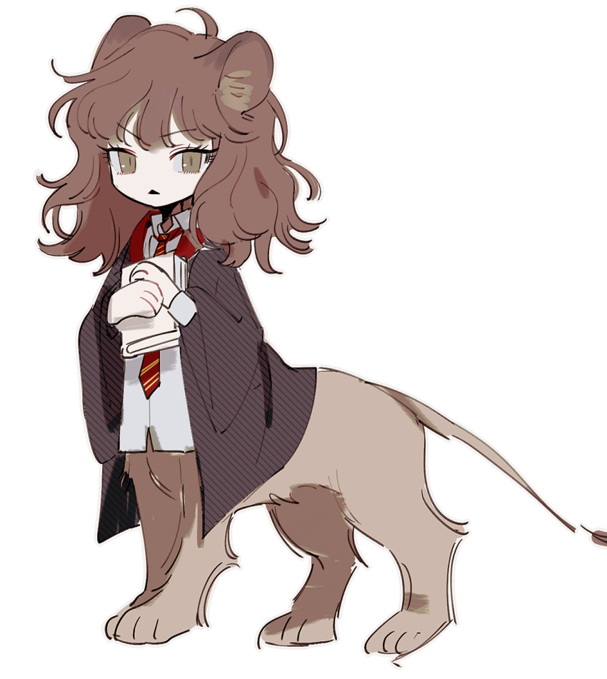 1girl, animal_ears, book, brown_eyes, brown_hair, collared_shirt, gryffindor, hands_up, harry_potter_(series), hermione_granger, highres, hogwarts_school_uniform, holding, holding_book, lion_ears, lion_girl, long_hair, long_sleeves, looking_at_viewer, monsterification, necktie, red_necktie, school_uniform, shirt, simple_background, solo, striped_clothes, striped_necktie, taur, uchikaze, white_background, white_shirt, wizarding_world