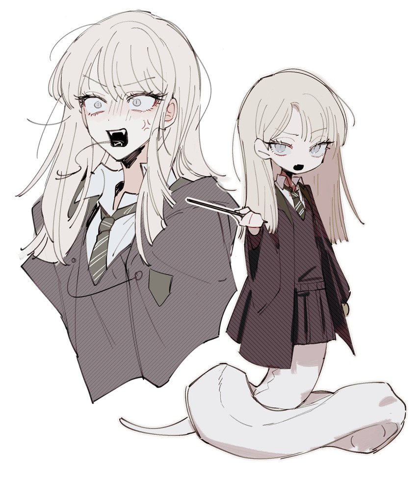 1girl, anger_vein, angry, black_jacket, black_skirt, blue_eyes, blush, collared_shirt