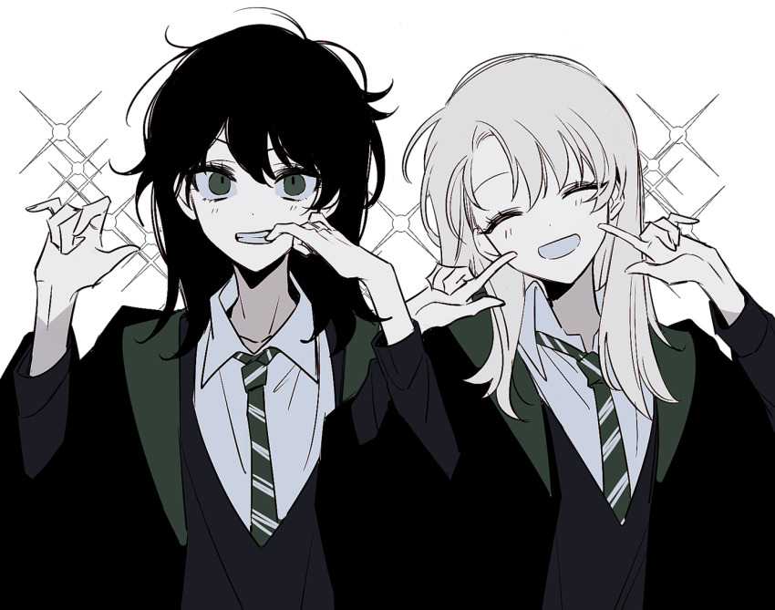 2girls, ^_^, albus_severus_potter, black_coat, black_hair, black_sweater, closed_eyes, coat