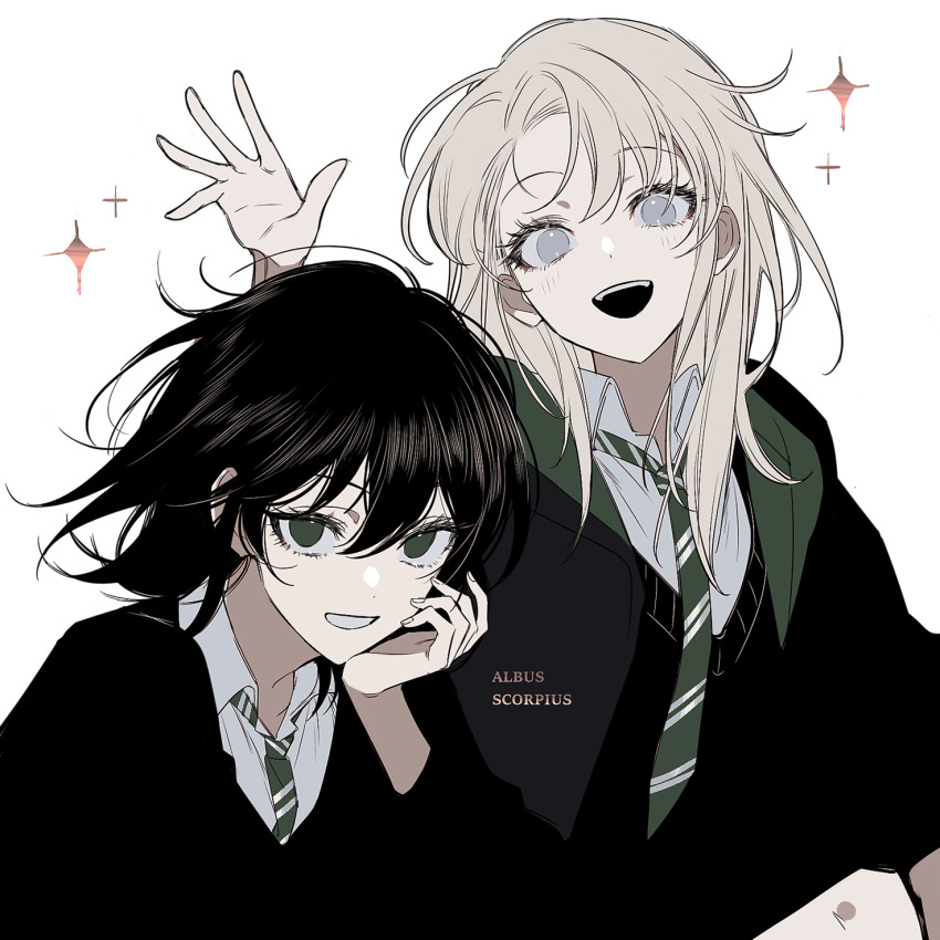 2girls, :d, albus_severus_potter, black_coat, black_hair, black_sweater, blonde_hair, blue_eyes