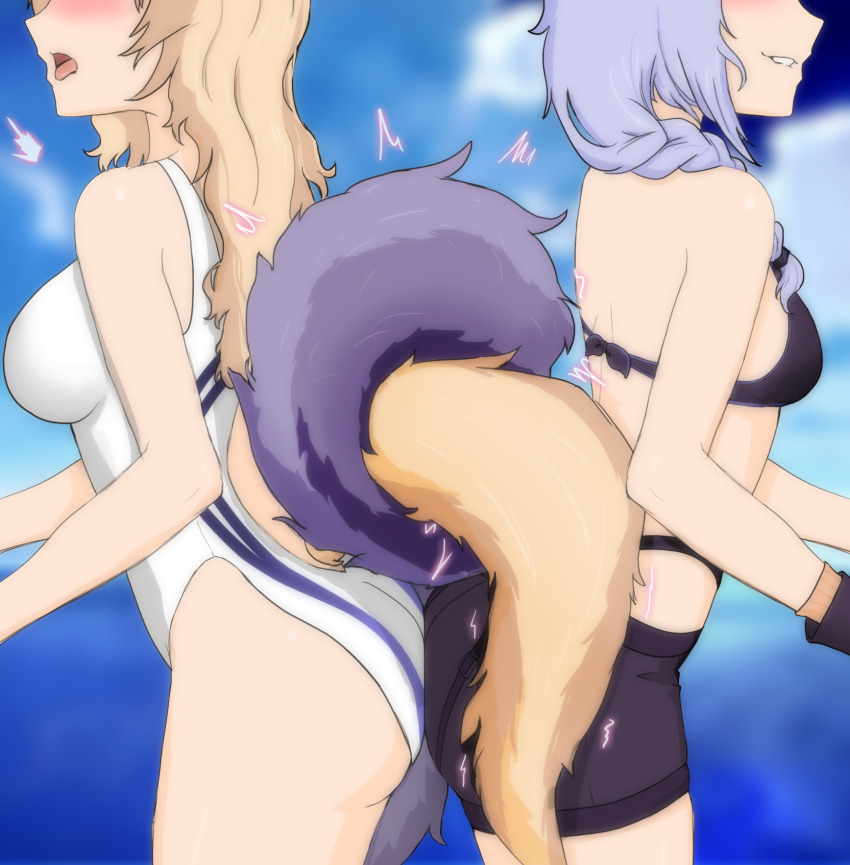 2girls, arknights, ass-to-ass, bare_shoulders, bikini, black_bikini, black_shorts, blonde_hair, blue_background, braid, breasts, clothing_cutout, cowboy_shot, head_out_of_frame, highres, intertwined_tails, long_hair, medium_breasts, multiple_girls, nearl_(arknights), nearl_(shimmering_dew)_(arknights), official_alternate_costume, one-piece_swimsuit, open_mouth, provence_(arknights), provence_(casual_vacation)_(arknights), purple_hair, redash, shorts, swimsuit, tail, tail_through_clothes, uncommon_stimulation, white_one-piece_swimsuit