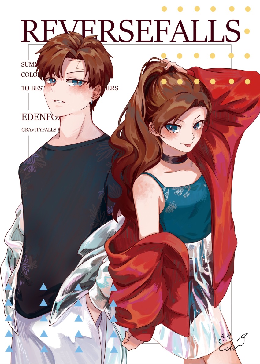 1boy, 1girl, :p, absurdres, alternate_hairstyle, artist_name, bare_shoulders, black_shirt