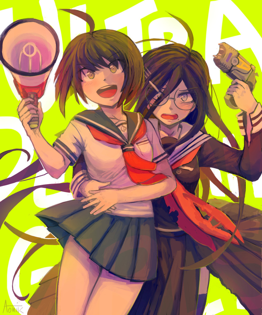 2girls, ahoge, aonik, arm_around_another, arm_around_another's_waist, artist_name, blue_sky, blush