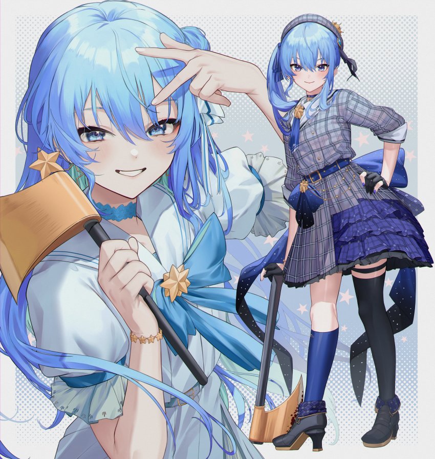 1girl, absurdres, asymmetrical_legwear, axe, blue_bow, blue_bowtie, blue_choker, blue_eyes