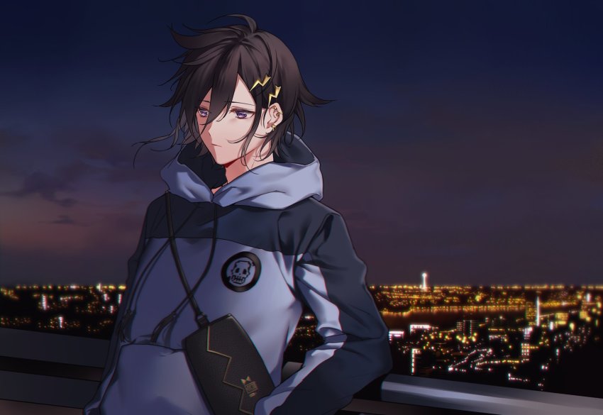 1boy, against_railing, black_hair, blue_hoodie, cityscape, closed_mouth, drawstring, ear_piercing