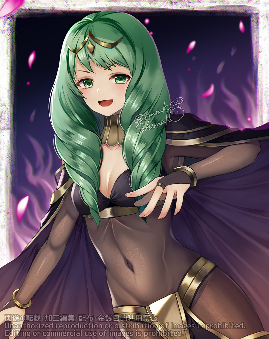 1girl, arms_up, bodystocking, breasts, cape, cosplay, covered_navel, dark_mage_(fire_emblem_awakening), fire_emblem, fire_emblem:_three_houses, fire_emblem_awakening, flayn_(fire_emblem), green_eyes, green_hair, looking_at_viewer, nintendo, open_mouth, shimako_(smk023), small_breasts, tharja_(fire_emblem), tharja_(fire_emblem)_(cosplay), upper_body