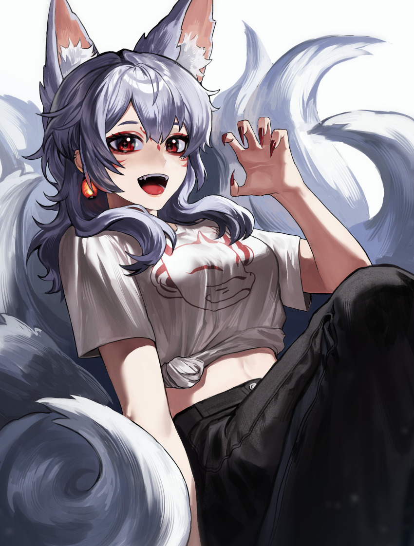 1girl, absurdres, ahoge, animal_ears, arm_at_side, arm_support, black_pants, breasts, casual, claw_pose, earrings, extra_ears, eyeliner, eyeshadow, fangs, fingernails, fox, fox_ears, fox_girl, fox_tail, grey_hair, hair_between_eyes, hand_up, highres, lantern_earrings, large_breasts, long_fingernails, long_hair, looking_at_viewer, makeup, midriff, mole, mole_under_eye, nail_polish, nijisanji, nijisanji_en, nina_kosaka, nongxy_nonshi, open_mouth, pants, print_shirt, red_eyeliner, red_eyes, red_eyeshadow, red_nails, sharp_fingernails, shirt, short_eyebrows, sidelocks, sitting, smile, solo, tail, tied_shirt, virtual_youtuber
