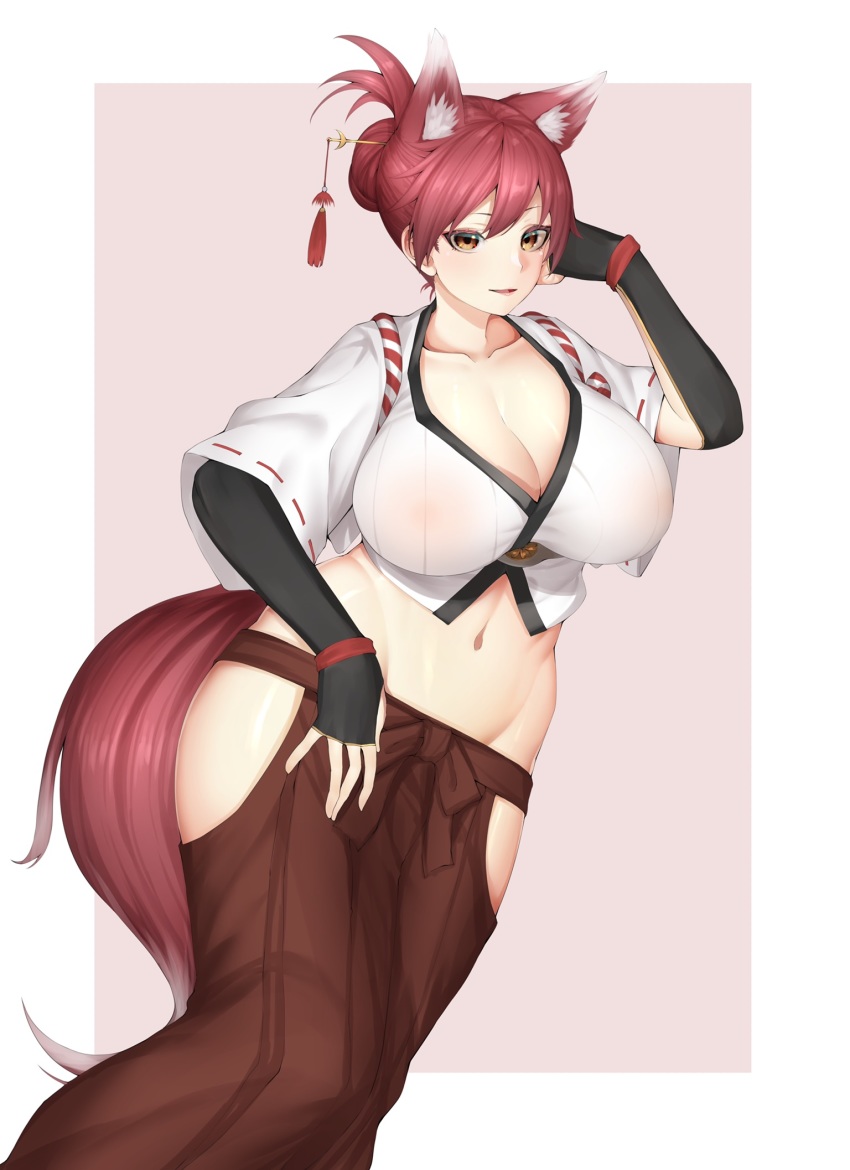 1girl, animal_ear_fluff, animal_ears, arm_up, armor, azur_lane, breasts, brown_eyes, cleavage, clothing_cutout, collarbone, commentary_request, commission, covered_erect_nipples, cowboy_shot, crop_top, dutch_angle, fox_ears, fox_tail, groin, hair_between_eyes, hair_bun, hair_ornament, hair_stick, hakama, hakama_skirt, highres, hip_vent, ise_(azur_lane), japanese_armor, japanese_clothes, kimono, kote, large_breasts, looking_at_viewer, midriff, miso_tanuki, navel, paid_reward_available, parted_lips, red_hair, red_hakama, ribbon-trimmed_sleeves, ribbon_trim, rope, sakuramon, see-through_clothes, shimenawa, short_sleeves, sidelocks, skeb_commission, skirt, solo, standing, tail, underbust, white_kimono