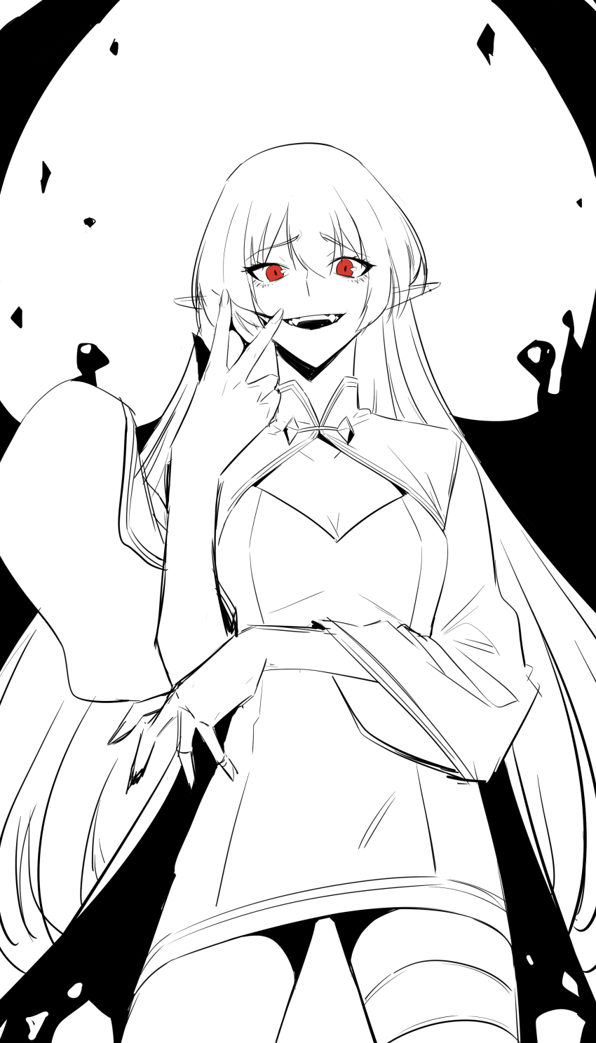 1girl, absurdres, alice_von_ataraxia, blood, eyeshadow, fingernails, greyscale, hair_between_eyes