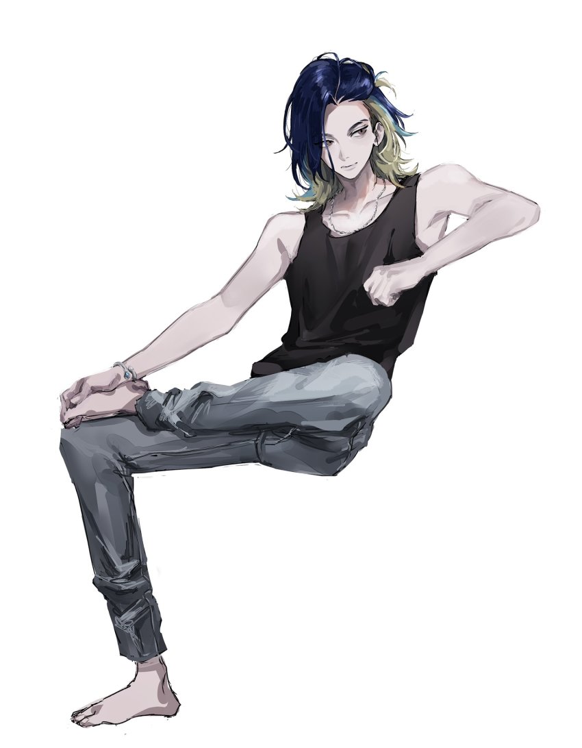 1boy, adaman_(pokemon), alternate_costume, bare_shoulders, barefoot, blonde_hair, blue_gem, blue_hair