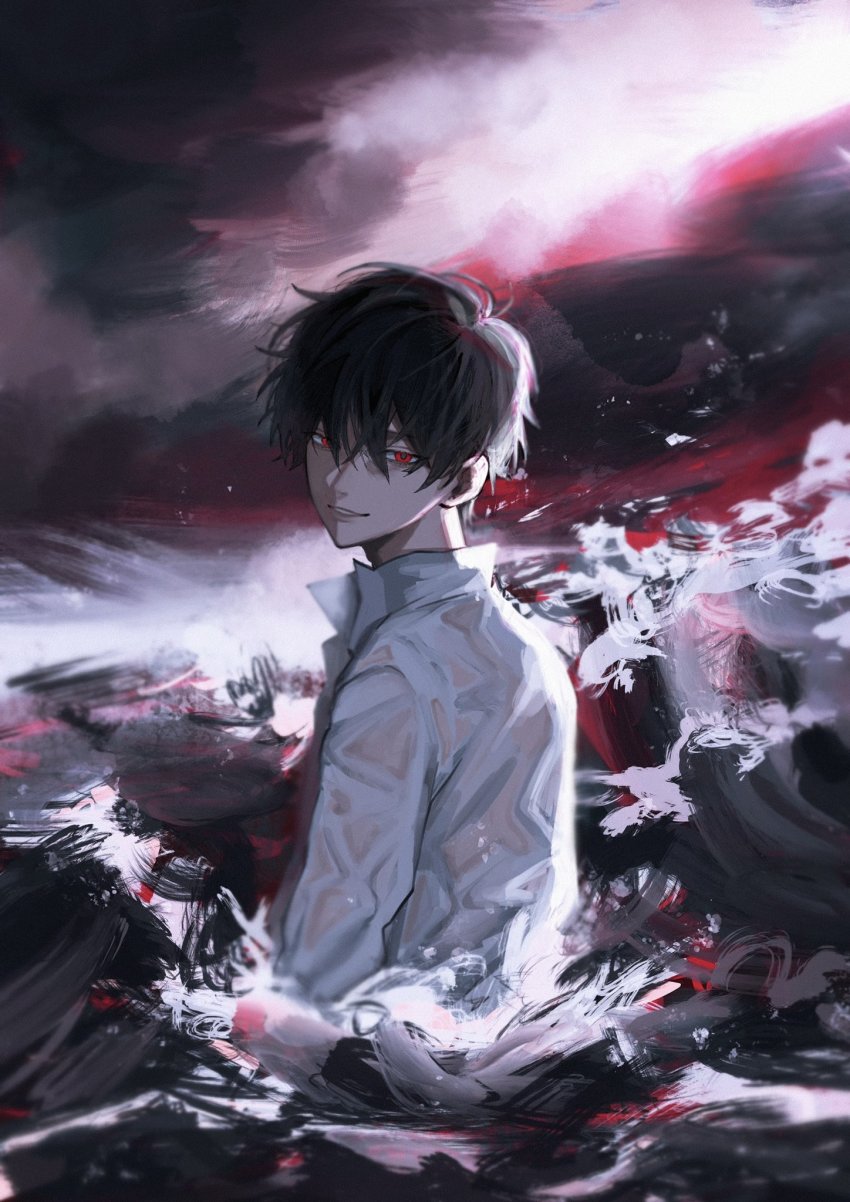 1boy, antenna_hair, black_hair, grey_pupils, hair_between_eyes, highres, kuzuha_(12th_costume)_(nijisanji), kuzuha_(nijisanji)