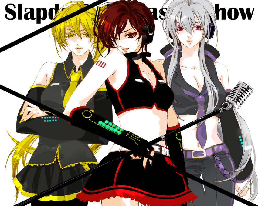 3girls, akita_neru, albino, belt, blonde_hair, breasts, caracoro, cleavage