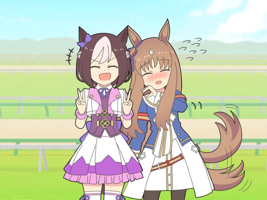 animal_ears, blush, brown_hair, closed_eyes, commentary_request, double_v, grass_wonder_(umamusume), highres