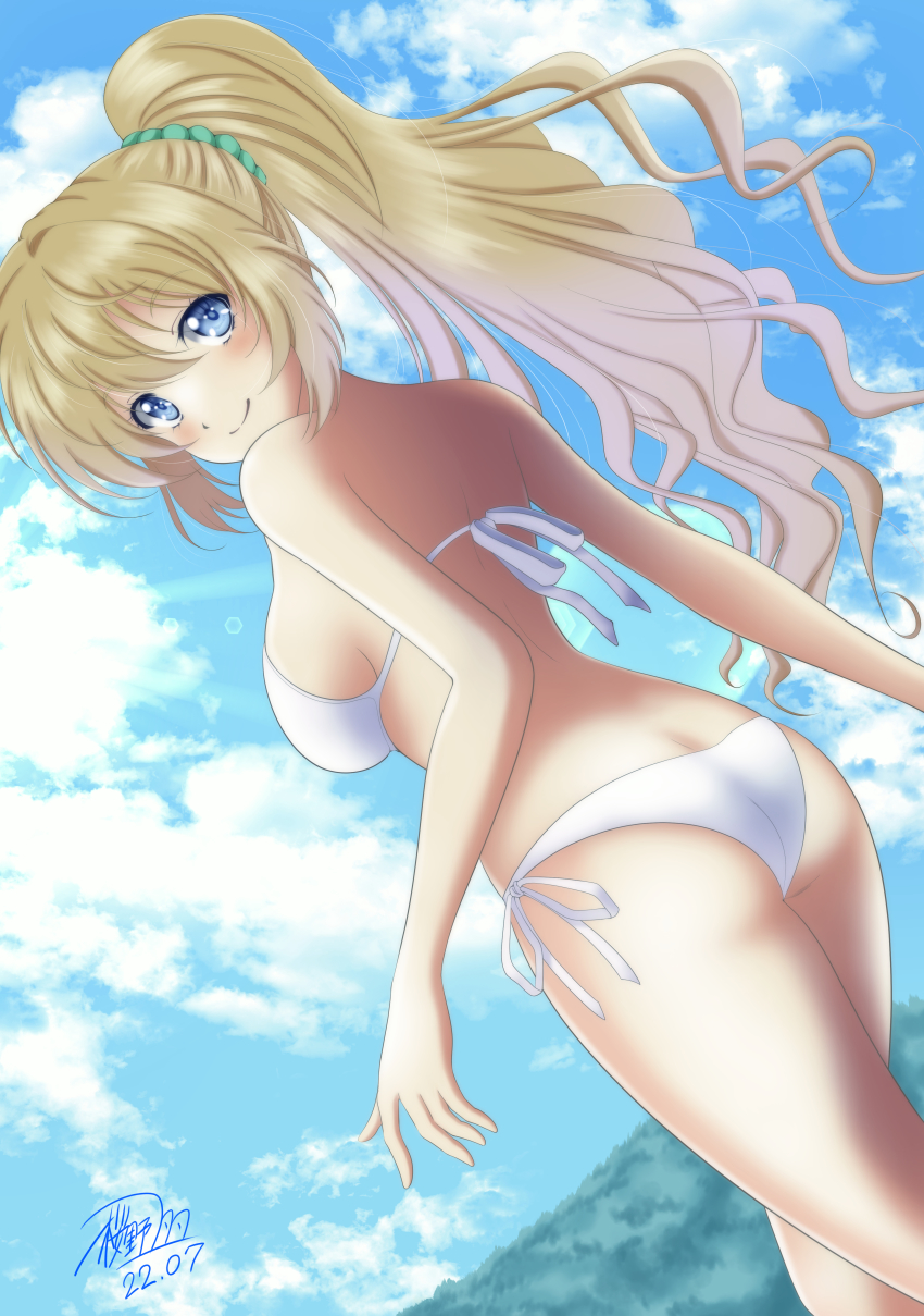 1girl, absurdres, ass, bikini, blonde_hair, blue_eyes, breasts, butt_crack, cloud, cloudy_sky, dated, dutch_angle, highres, karuizawa_kei, long_hair, looking_back, medium_breasts, ponytail, sakurano_miki, sideboob, signature, sky, smile, solo, swimsuit, water, white_bikini, youkoso_jitsuryoku_shijou_shugi_no_kyoushitsu_e