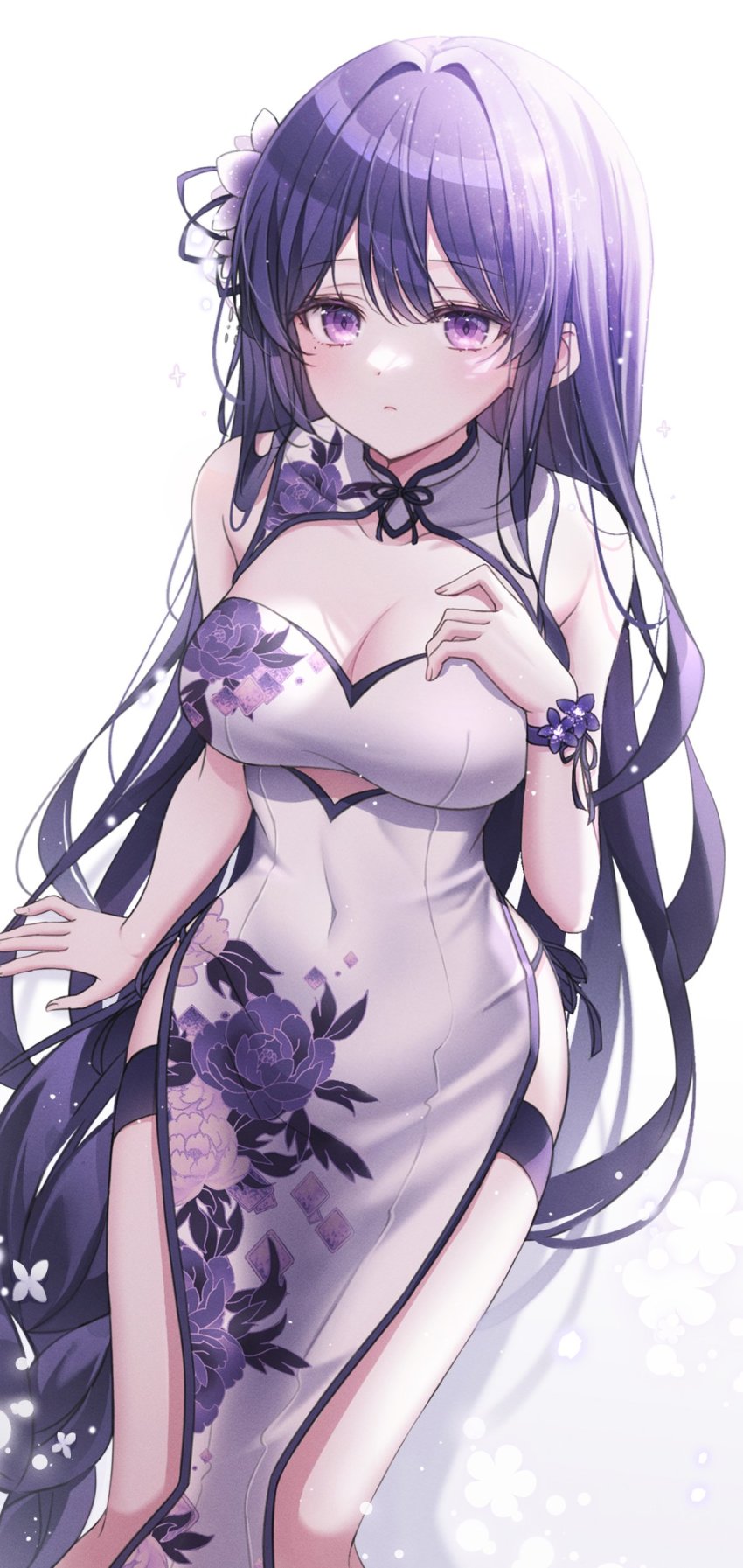 1girl, absurdres, alternate_costume, arm_support, bad_id, bad_twitter_id, bare_arms, bare_shoulders