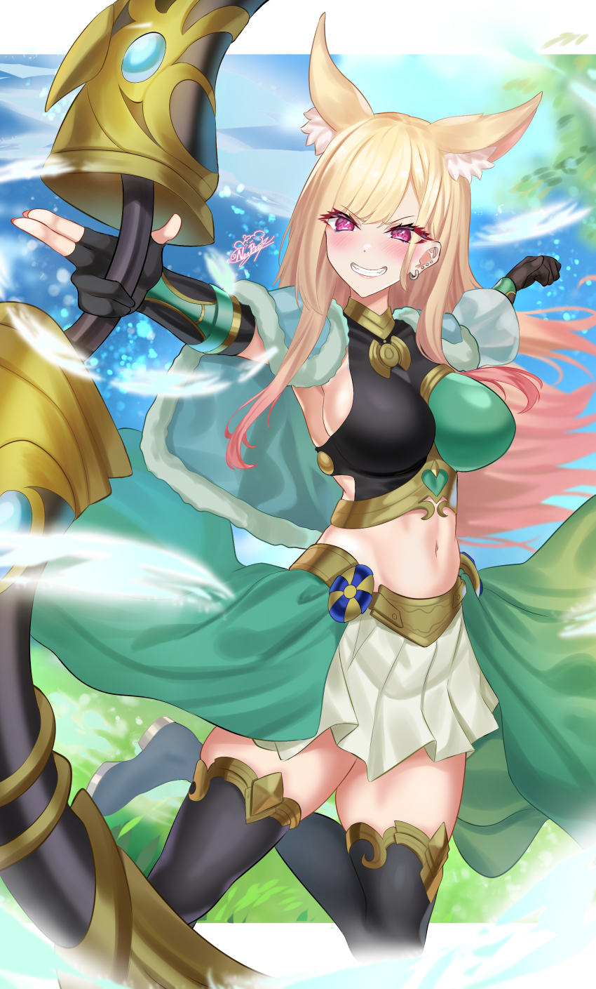 1girl, absurdres, animal_ear_fluff, animal_ears, apollousa_bow_of_the_goddess, apollousa_bow_of_the_goddess_(cosplay), asymmetrical_gloves, barbell_piercing, black_boots, black_gloves, black_shirt, blonde_hair, blush, boots, bow_(weapon), breasts, cape, chest_guard, colored_tips, commentary, cosplay, covered_collarbone, crop_top, ear_piercing, earrings, elbow_gloves, extra_ears, fingerless_gloves, fur_cape, gloves, gradient_hair, green_cape, green_skirt, grin, groin, highres, holding, holding_bow_(weapon), holding_weapon, industrial_piercing, jewelry, kemonomimi_mode, kitagawa_marin, large_breasts, long_hair, midriff, mismatched_gloves, multicolored_hair, nail_polish, navel, nez-box, piercing, pink_nails, pleated_skirt, purple_eyes, shirt, showgirl_skirt, sideboob, sidelocks, signature, single_fingerless_glove, single_sleeve, skindentation, skirt, sleeveless, sleeveless_shirt, smile, solo, sono_bisque_doll_wa_koi_wo_suru, standing, standing_on_one_leg, swept_bangs, teeth, thigh_boots, thighhighs, weapon, yu-gi-oh!, zettai_ryouiki