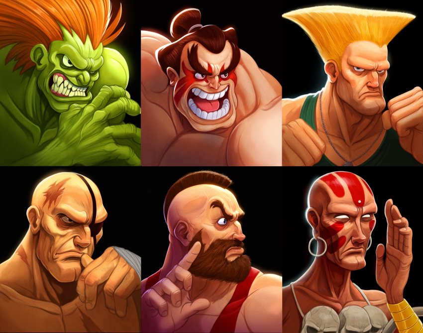 absurdres, blanka, dhalsim, e._honda, guile, highres, parody, portrait
