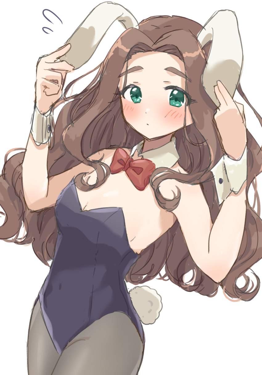 1girl, animal_ears, black_leotard, black_pantyhose, blush, bow, bowtie, breasts, brown_hair, cleavage, detached_sleeves, dutch_angle, embarrassed, expressionless, flying_sweatdrops, forehead, green_eyes, highres, holding_ears, idolmaster, idolmaster_cinderella_girls, kahiika, kusakabe_wakaba, leotard, long_hair, looking_at_viewer, pantyhose, parted_bangs, playboy_bunny, rabbit_ears, rabbit_tail, red_bow, red_bowtie, simple_background, small_breasts, solo, tail, thick_eyebrows, very_long_hair, wavy_hair, white_background, wrist_cuffs