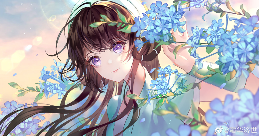 1girl, absurdres, branch, brown_hair, collared_jacket, duanmu_rong_(qin_shi_ming_yue), falling_petals, flower, hair_rings, hand_up, headband, highres, jacket, long_hair, outdoors, petals, purple_eyes, qinshi_mingyue, shuang_hua_ji_shu, smile, solo, upper_body