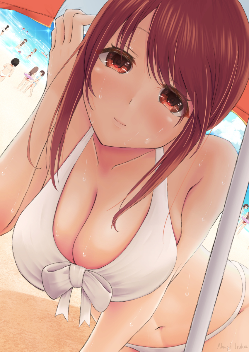 6+girls, akagi_iruka, beach, bikini, blush, breasts, brown_hair, cleavage