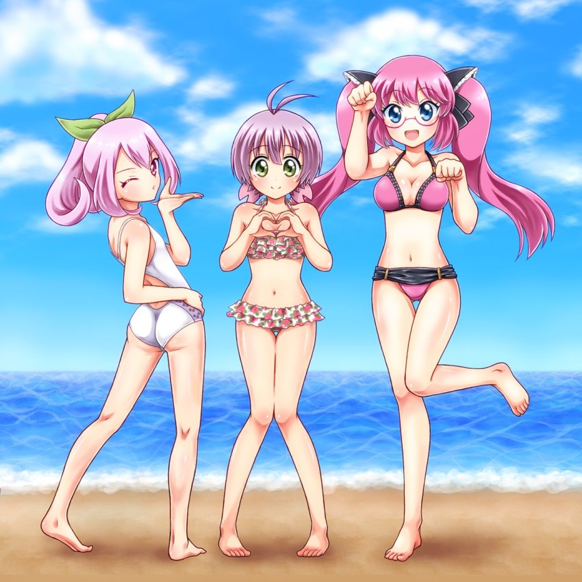3girls, akiba-tan, beach, bikini, blue_sky, competition_swimsuit, highres, horizon, multiple_girls, okayama-tan, one-piece_swimsuit, pink_bikini, pink_hair, seiseki-tan, sky, swimsuit