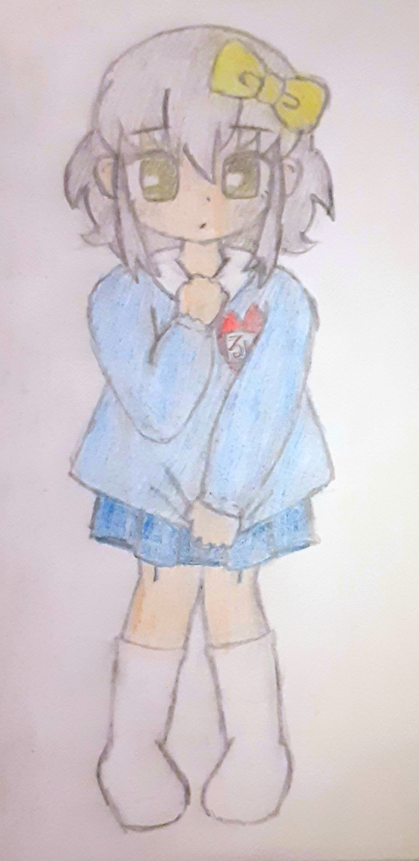 125scratch, 1girl, blue_skirt, borrowed_character, bow, child, clothes_pull, clutching_clothes