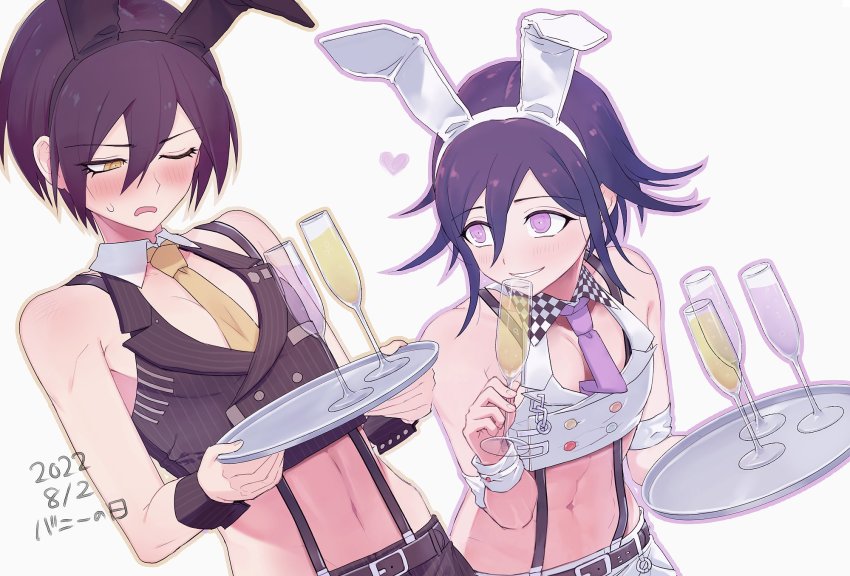 2boys, alternate_costume, animal_ears, bare_shoulders, belt, black_belt, black_hair, blush