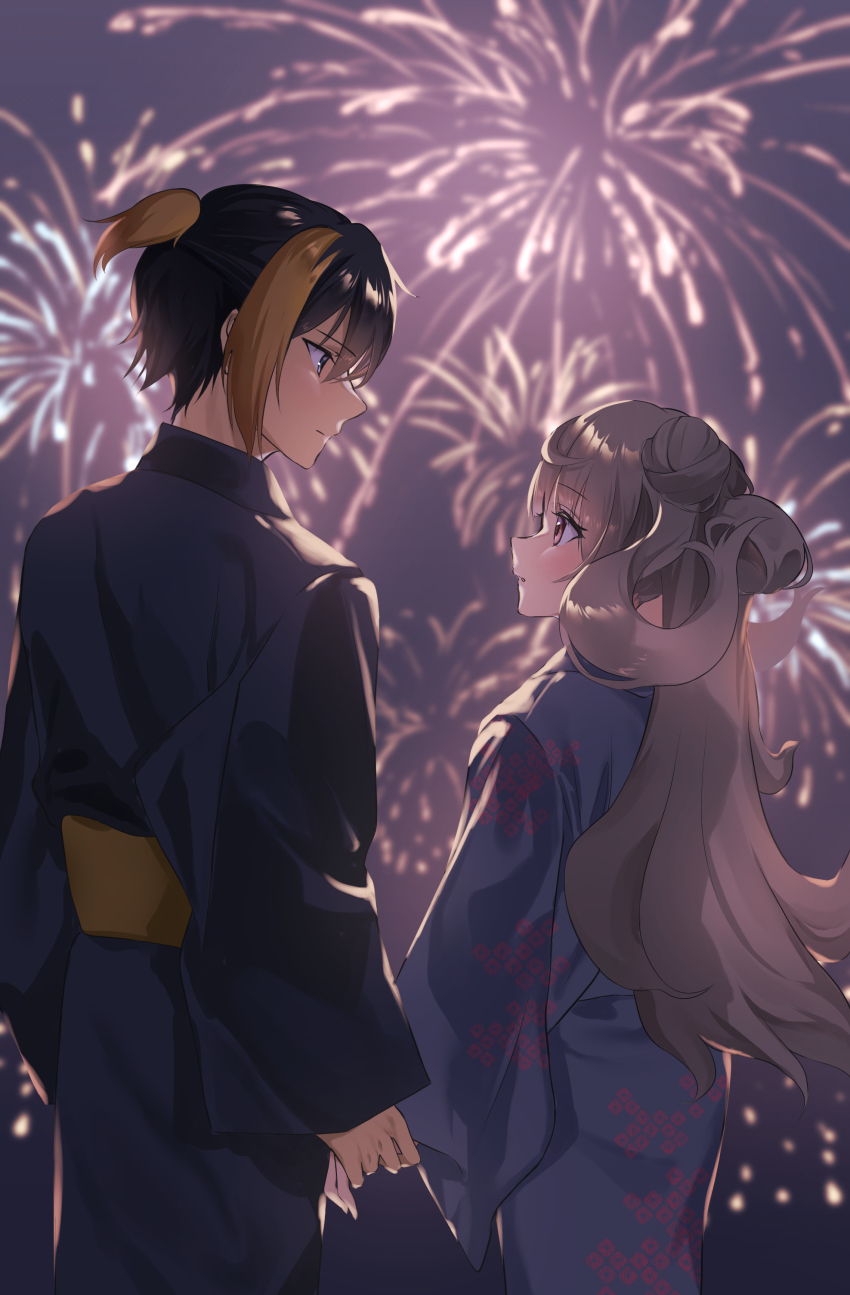 1boy, 1girl, absurdres, aerial_fireworks, black_hair, black_kimono, blue_kimono, brown_hair