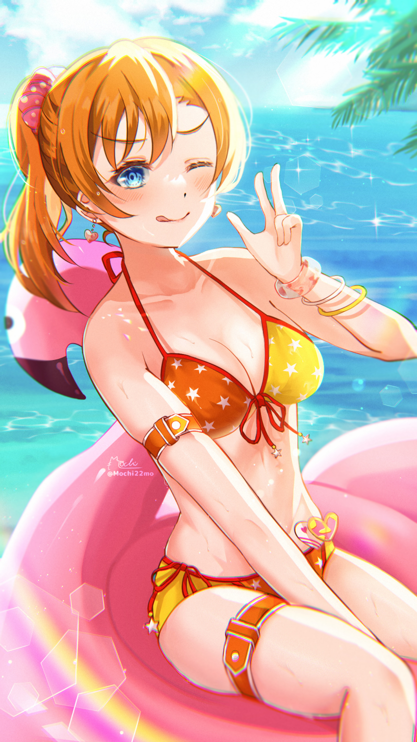 1girl, absurdres, alternate_hairstyle, arm_strap, bikini, birthday, blue_eyes, blue_sky, blush, bracelet, breasts, cleavage, cloud, cloudy_sky, collarbone, commentary, earrings, heart, heart_earrings, high_ponytail, highres, innertube, jewelry, kosaka_honoka, looking_at_viewer, love_live!, love_live!_school_idol_project, medium_breasts, medium_hair, mochi_tsu22, ocean, one_eye_closed, orange_hair, ponytail, print_bikini, sidelocks, signature, sitting, sky, solo, star_print, star_print_bikini, summer, swim_ring, swimsuit, thigh_strap, tongue, tongue_out, twitter_username
