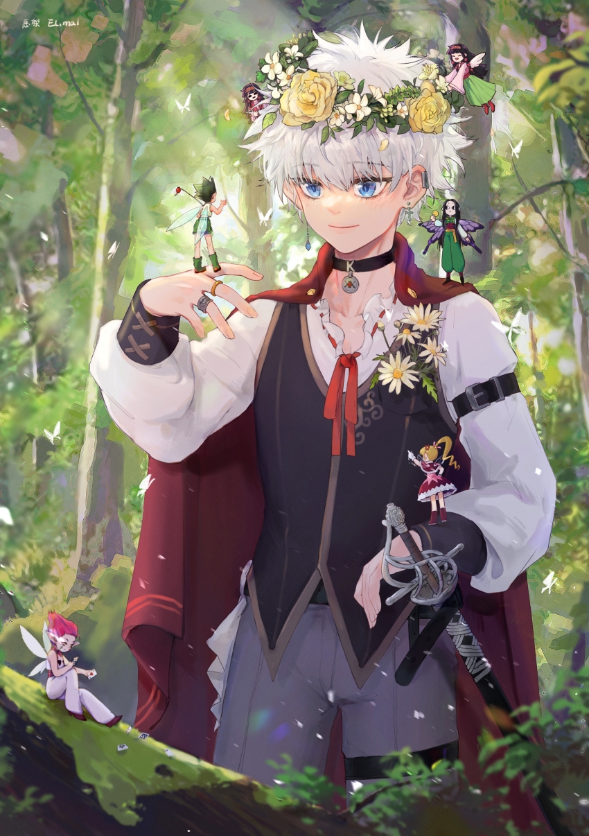 1girl, 2others, 4boys, absurdres, alluka_zoldyck, artist_name, biscuit_krueger, black_hair, black_vest, blonde_hair, blurry, boots, brothers, bug, butterfly, butterfly_wings, cape, choker, cowboy_shot, cross, cross_earrings, day, depth_of_field, dress, earrings, elmal, fairy, fairy_wings, feathered_wings, fishing_rod, flower, flower_wreath, flying, forest, gloves, gon_freecss, green_footwear, green_pants, green_shorts, green_skirt, grey_pants, hand_on_own_hip, hand_up, head_wreath, highres, hisoka_morow, hunter_x_hunter, illumi_zoldyck, insect, insect_wings, jewelry, killua_zoldyck, knee_up, long_hair, long_sleeves, looking_at_another, looking_away, mini_person, miniboy, mismatched_earrings, motion_blur, multiple_boys, multiple_others, nanika_(hunter_x_hunter), nature, neck_ribbon, on_head, outdoors, pants, pendant, person_on_head, person_on_shoulder, pink_hair, pointing, ponytail, red_cape, red_dress, red_ribbon, ribbon, ribbon_trim, ring, rose, short_hair, shorts, siblings, sitting, skirt, smile, solo_focus, spiked_hair, standing, sword, vest, weapon, white_flower, white_gloves, white_hair, white_pants, wings, yellow_flower, yellow_rose