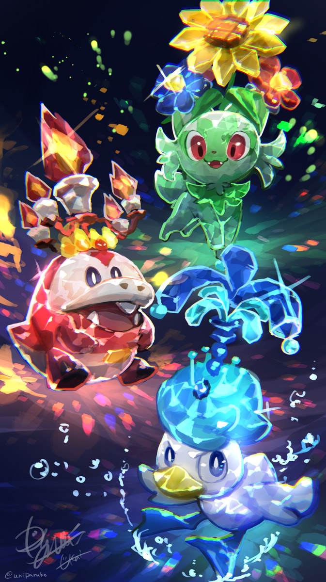 :d, blue_eyes, bright_pupils, bubble, commentary_request, fangs, fuecoco, highres, looking_up, nintendo, no_humans, open_mouth, pokemon, pokemon_(creature), quaxly, red_eyes, signature, smile, sprigatito, starter_pokemon_trio, terastallization, tongue, ukai_(negi_wolf), white_pupils