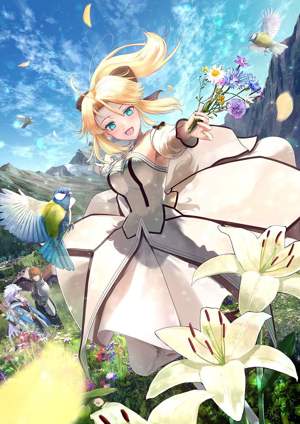 1girl, 2boys, ahoge, aomaru_(shta-chu-jisuiai), aqua_eyes, armor, artoria_pendragon_(fate), bird, blonde_hair, crossed_arms, detached_sleeves, dress, fate/grand_order, fate_(series), field, flower, flower_field, gauntlets, highres, holding, holding_flower, kay_(fate), long_hair, merlin_(fate), mountainous_horizon, multiple_boys, ponytail, saber_lily, strapless, strapless_dress, tit_(bird), white_dress, wind