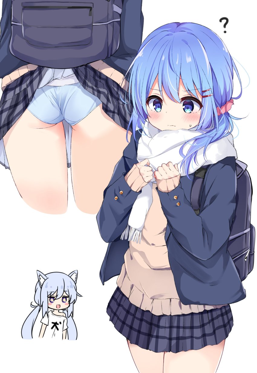 2girls, ?, absurdres, accidental_exposure, animal_ear_fluff, animal_ears, ass, backpack, bag, blazer, blue_eyes, blue_hair, blue_jacket, blue_panties, blush, brown_sweater, cat_ears, clothes_lift, grey_skirt, hands_on_own_chest, highres, jacket, long_hair, multiple_girls, nagomi_yayado, original, panties, plaid_clothes, plaid_skirt, ponytail, scarf, school_uniform, scrunchie, shirt, skirt, skirt_lift, sweater, thighs, twintails, underwear, wardrobe_malfunction, white_scarf, white_shirt
