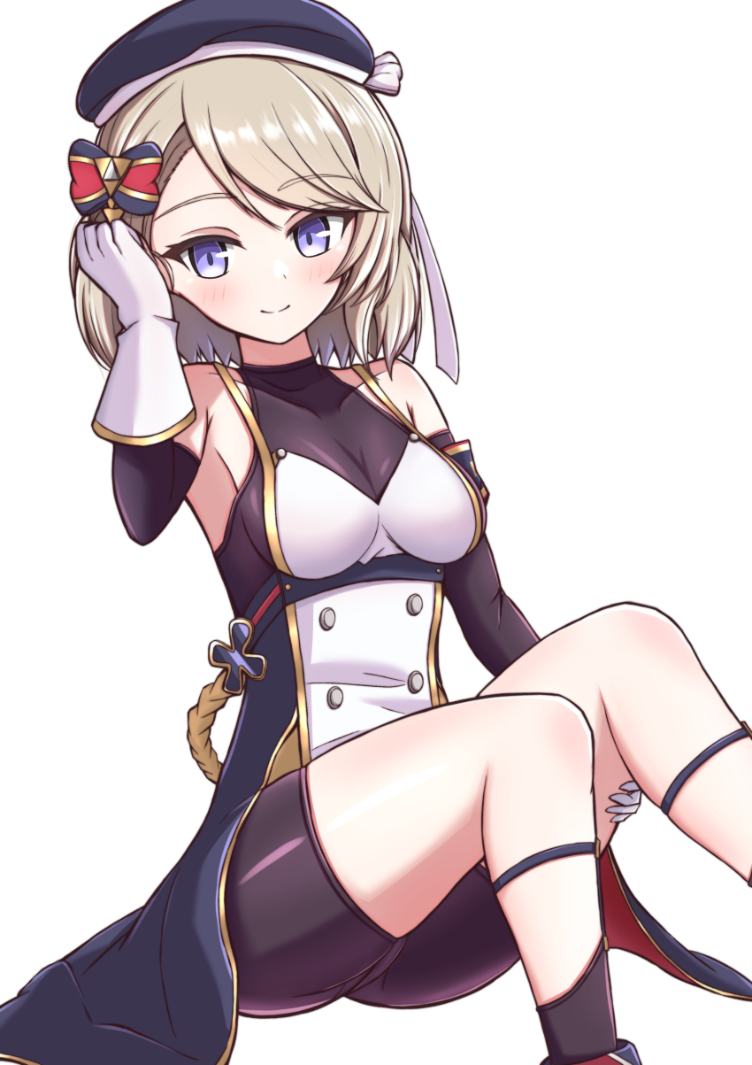 1girl, absurdres, azur_lane, bare_shoulders, beret, bike_shorts, black_hat, black_shorts, blue_eyes, breasts, commentary_request, degawa1121, gloves, hat, highres, medium_breasts, oppai_loli, shorts, simple_background, solo, white_background, white_gloves, z23_(azur_lane)