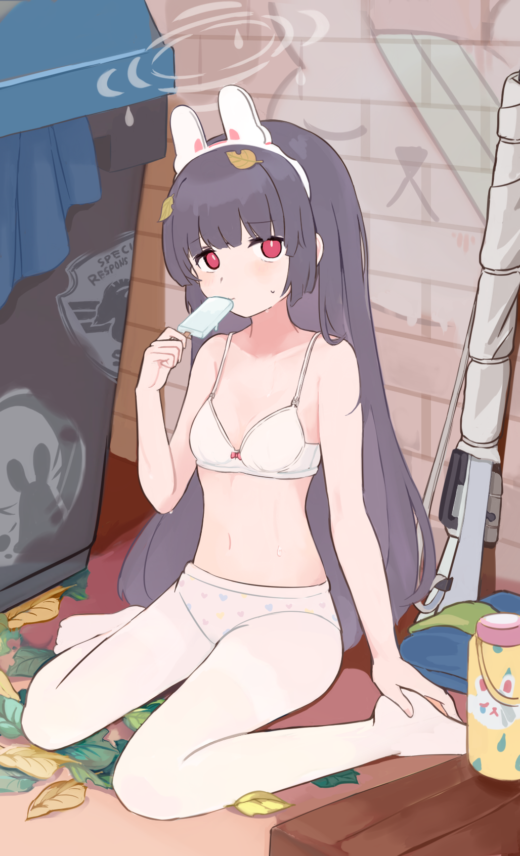 1girl, black_hair, blue_archive, blunt_bangs, bolt_action, female_focus, food, full_body, gun, halo, highres, ice_cream, leaf, leaf_on_head, long_hair, looking_at_viewer, miyu_(blue_archive), onigiri_noe, pantyhose, red_eyes, sitting, solo, very_long_hair, wariza, weapon, white_pantyhose